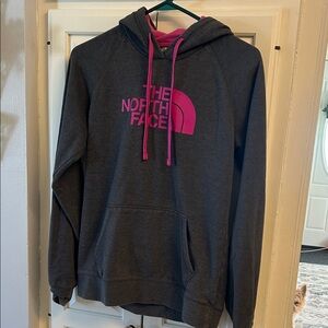 The North Face Charcoal Hoodie with Bright Pink Accents